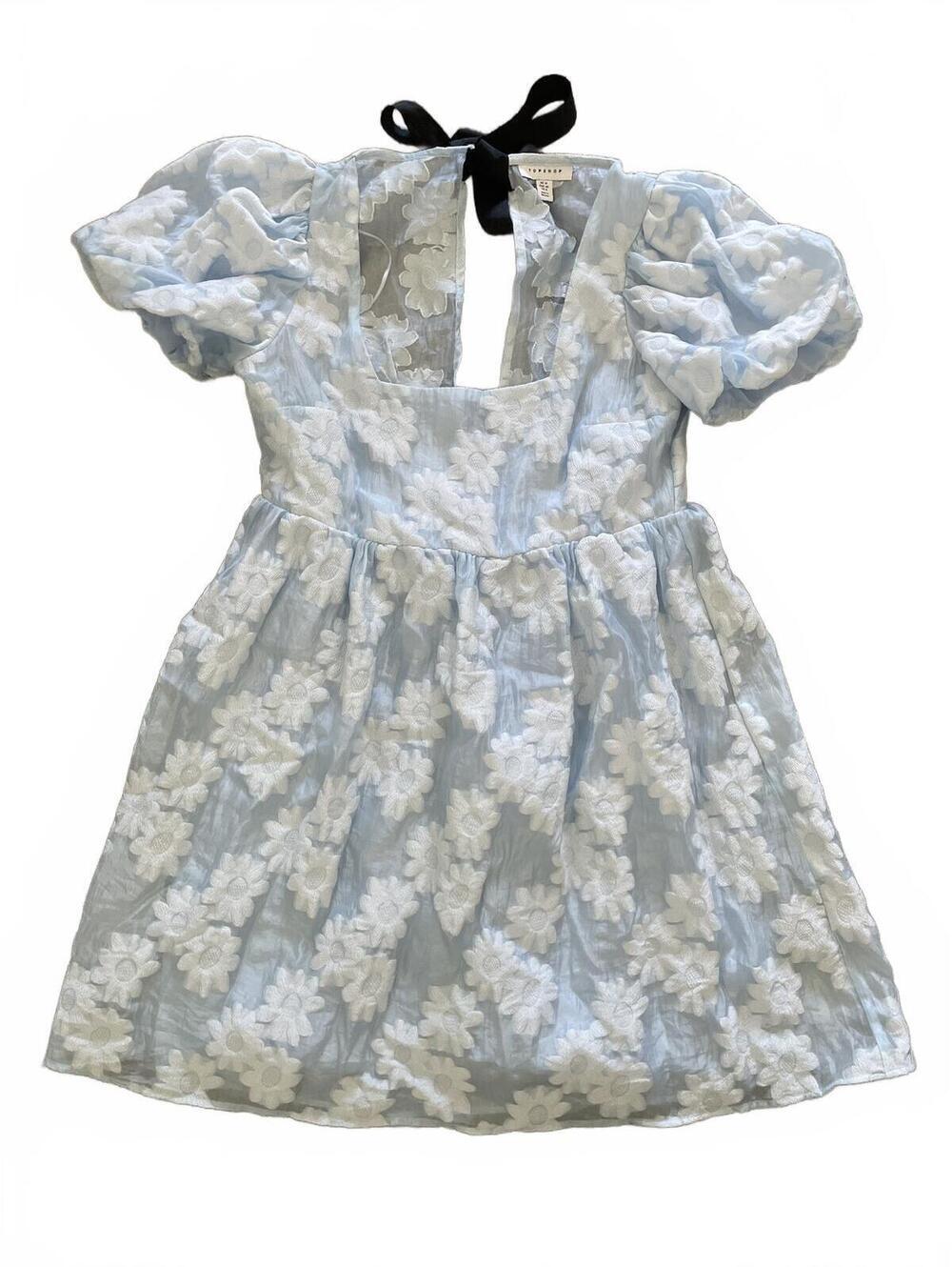 Topshop Puff Sleeve Floral Dress Womens Size 8 Blue White Cottagecore Romantic